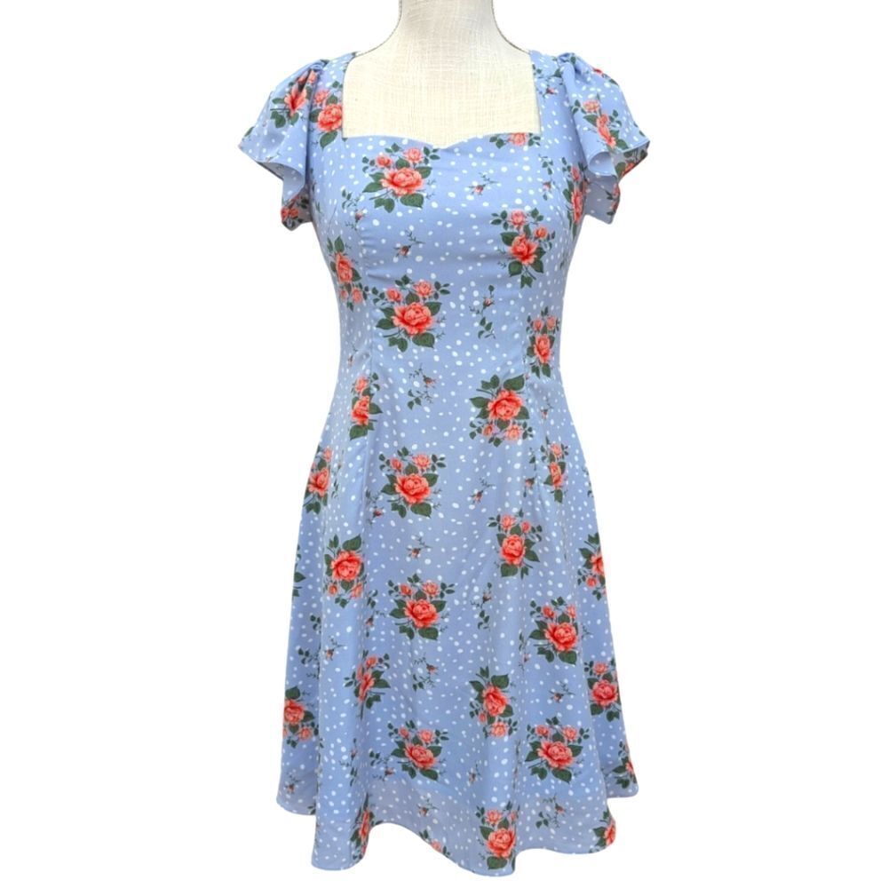 Aulala Design Blue Snow Blossom Floral Print Midi Dress Short Sleeve Size 4 NWT